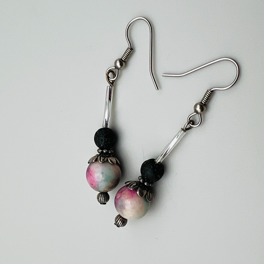 Beaded Dangle Earrings Pink White Swirl Round Drop Silver Tone Handmade Boho